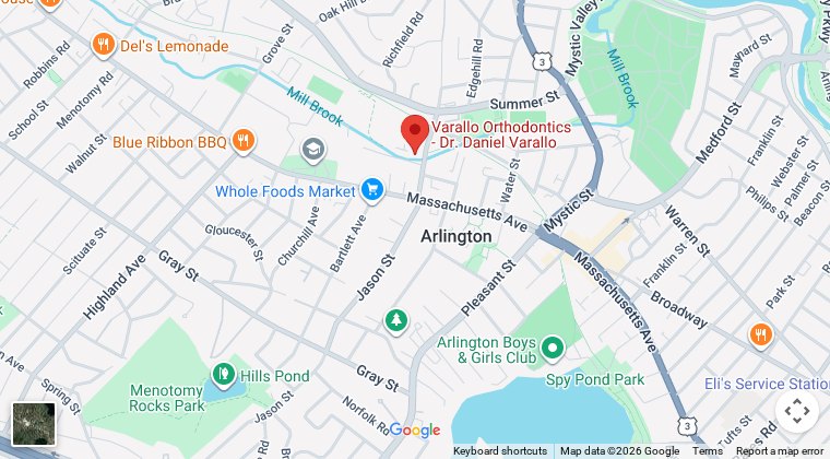 Map showing Varallo Orthodontics at 22 Mill St., Suite 403, Arlington, MA