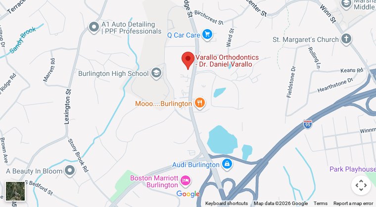Map showing Varallo Orthodontics at 101 Cambridge St., Suite 140, Burlington, MA